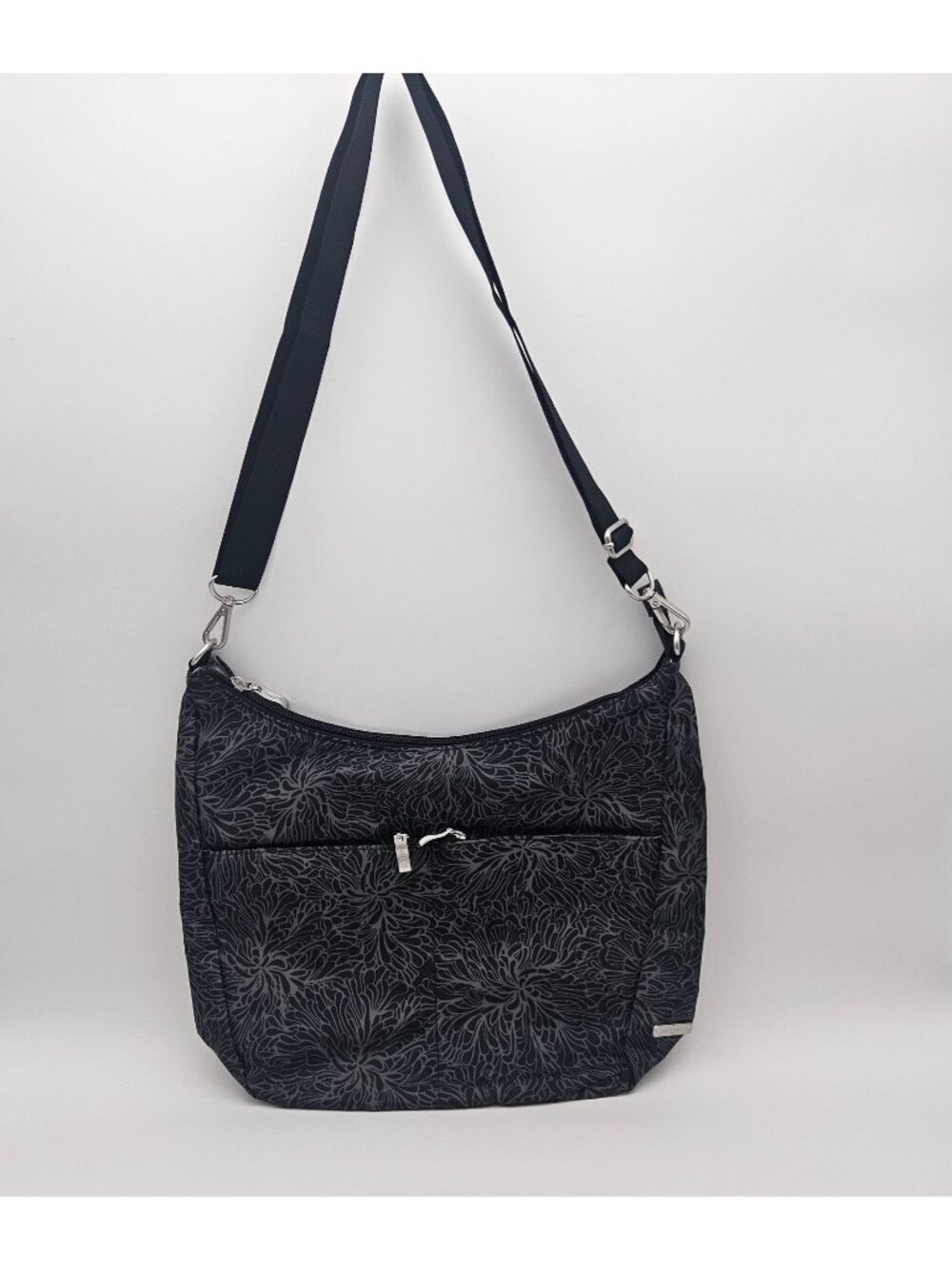 Baggallini Lunar Half Moon Crossbody Handbag Black Gray Floral NWT